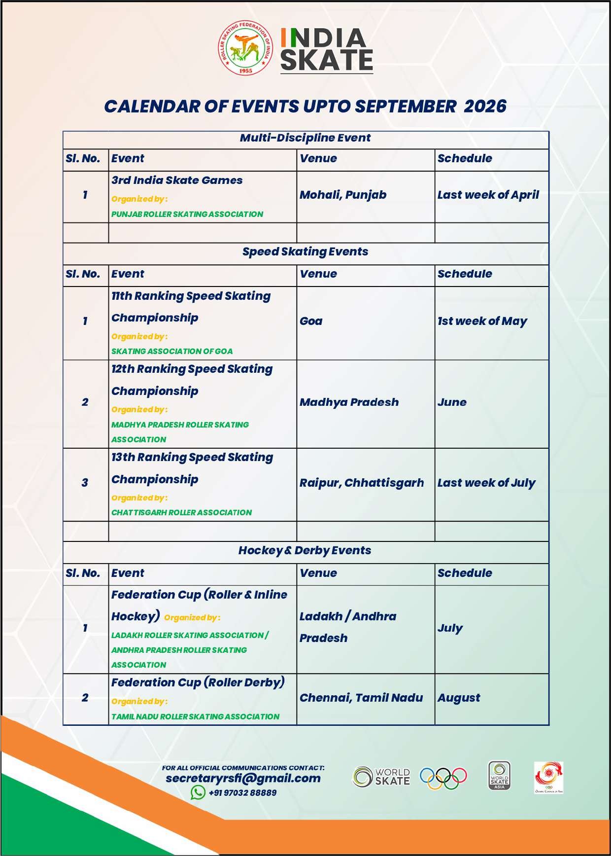 Calandar of Events Up to September 2026